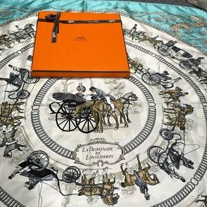 Hermes silk scarf “La Promenade De Longchamps” in robins egg blue w original box